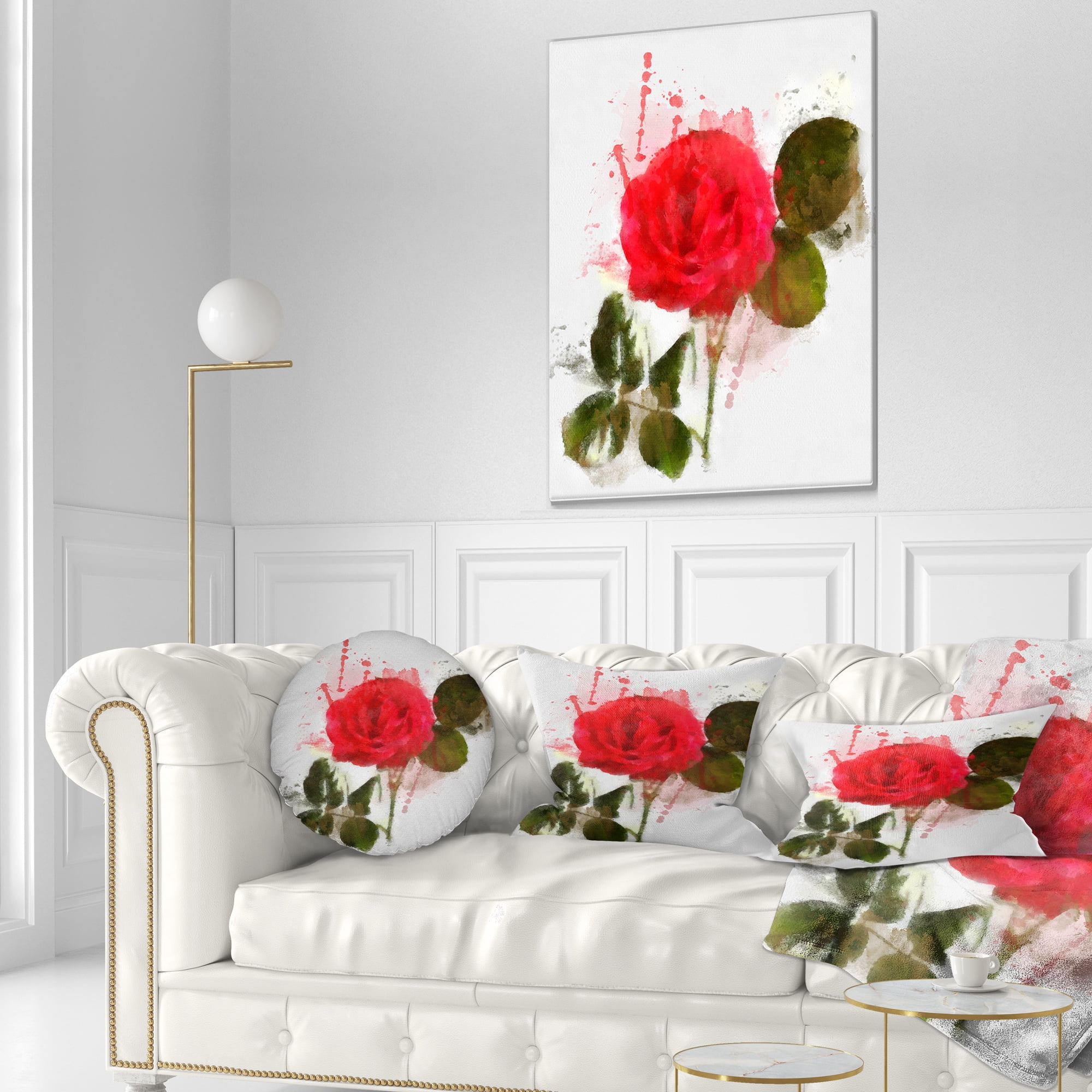 Designart Red Rose with Green Petals - Floral Throw Pillow - 12x20