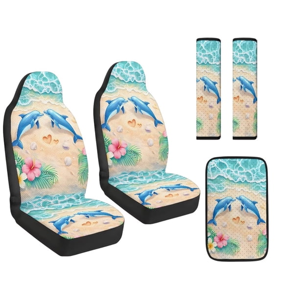 Xoenoiee Beach Dolphin Hibiscus Leaves Seashell Heart Print Car Accessories Set of 5, PU Leather Car Seats Cover Protector, Seatbelt Cover, Auto Armrest Cover Protector for Most Vehicle, SUV, Truck