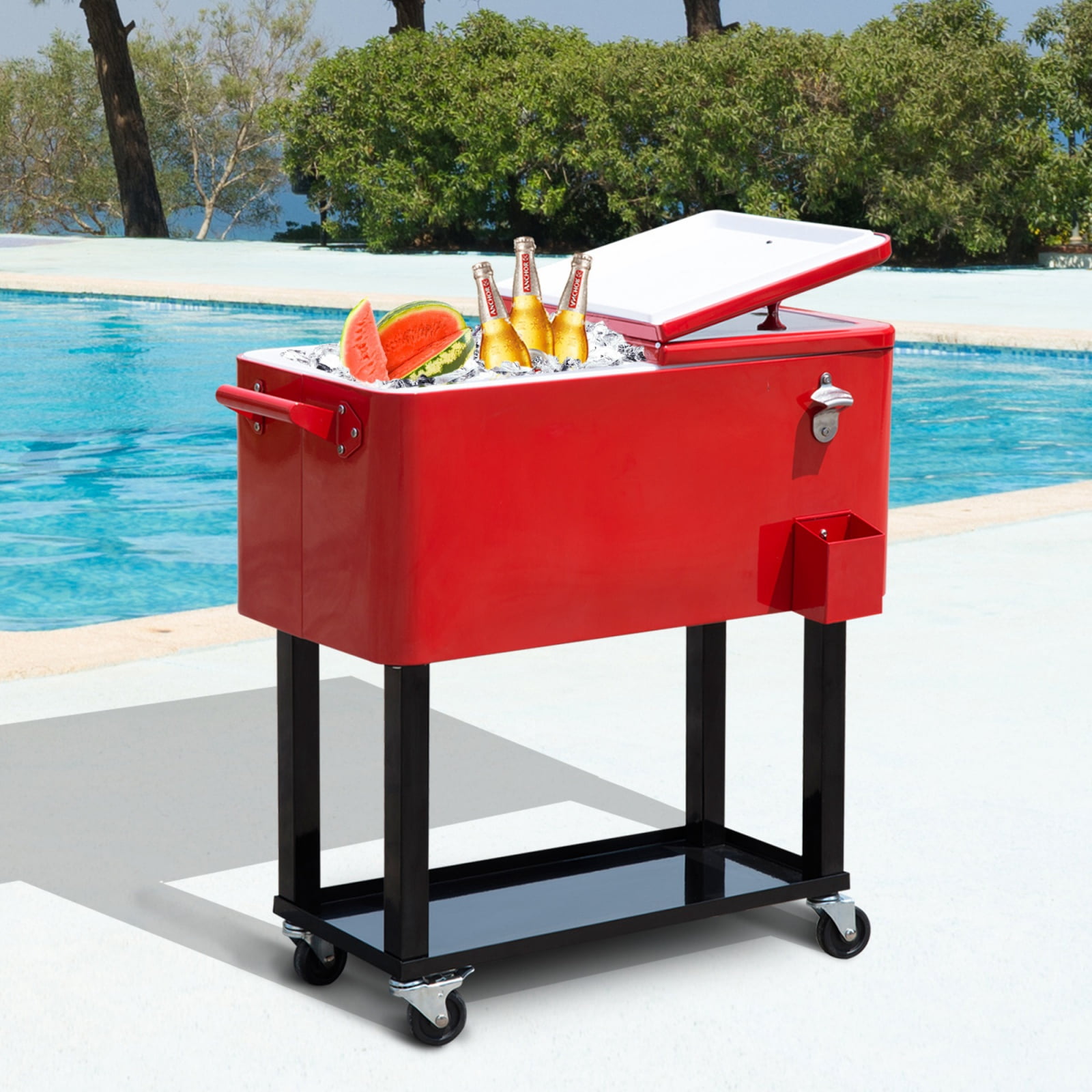 80 QT Rolling Cooling Bins Ice Chest on Wheels, Outdoor Stand-Up Drink Cooler Cart for Parties, Backyard, Poolside