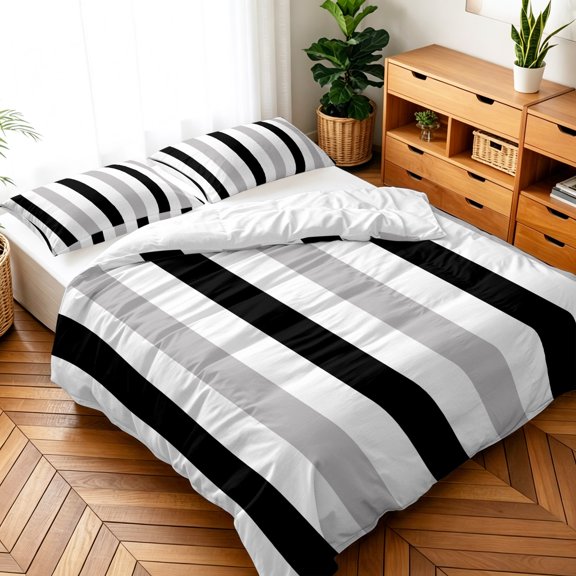 Queen Size 3 Pieces Duvet Cover Sets Abstract Stripes Geometric Bedding Set,Microfiber Soft Comforter Cover with Pillow Shams,Luxury Quilt Covers for Bedroom Decor Gray Black White Lines
