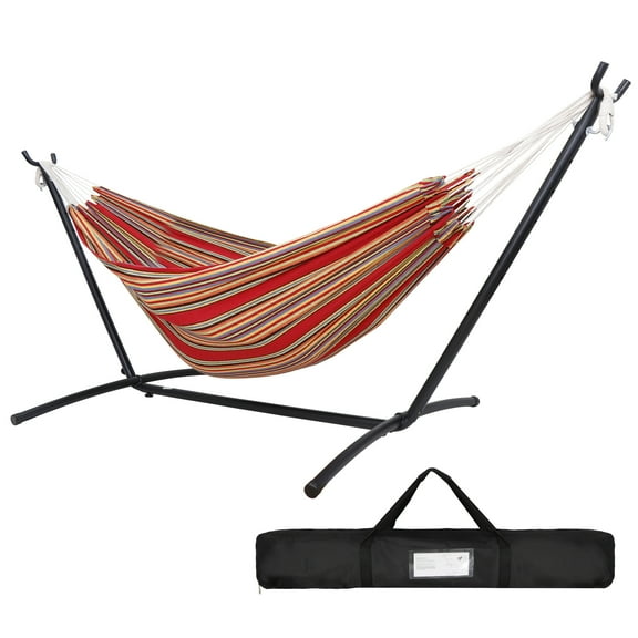 ZENY Portable Double Hammock with 9 ft Metal Stand & Carrying Bag 450lb Capacity Red Stripe