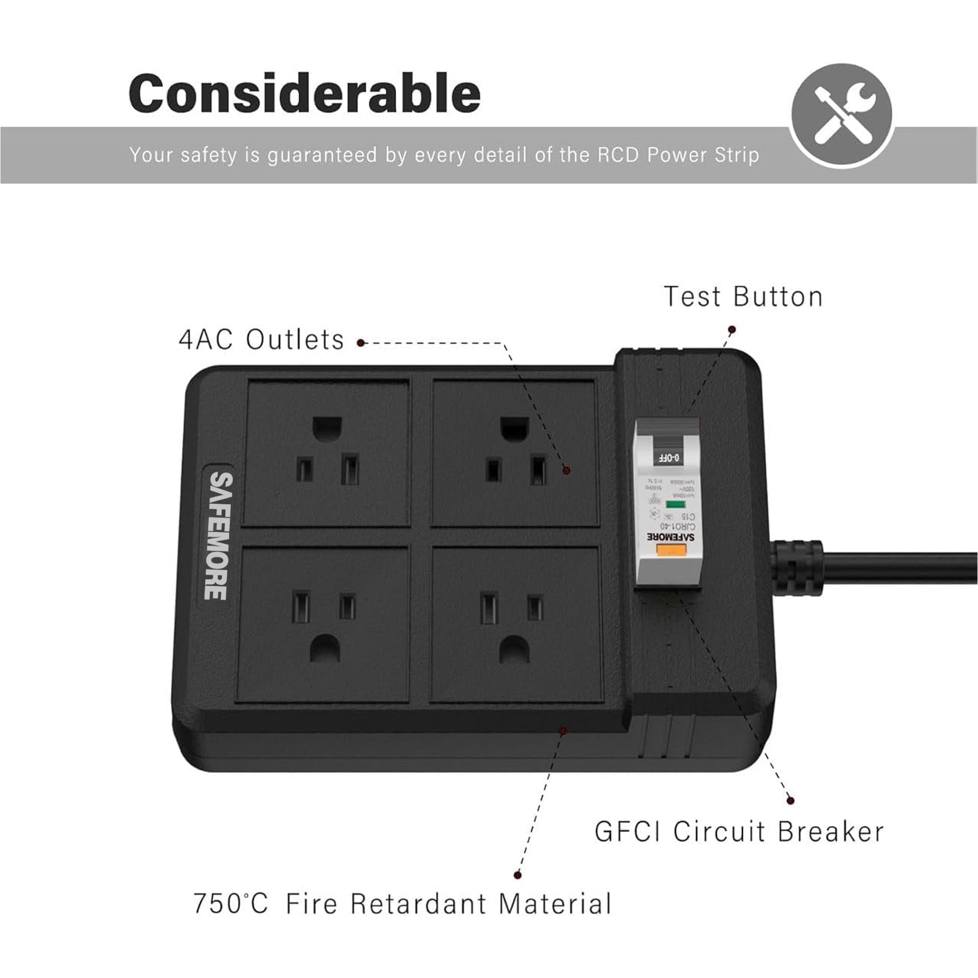 Safemore SM-RCDM-BK 14 Gauge 5.9 ft Black 4 Outlet SJT Extension Cord