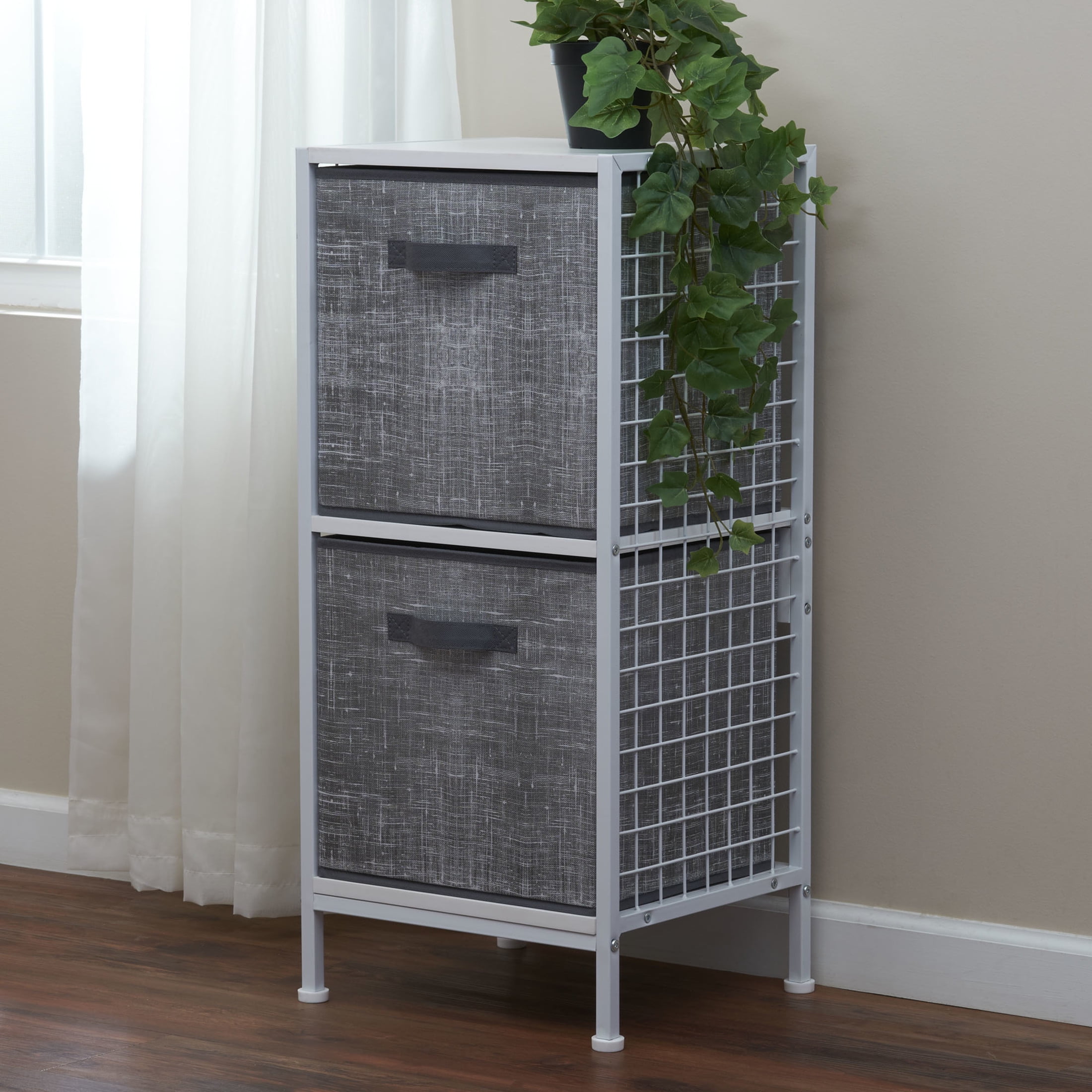 Household Essentials Fabric Storage Bins 2 Piece Set, Strong Poly-Woven Fabric, Sturdy Chipboard Sides, Grommet Front Handle, Stackable and Foldable, Classic Design, Gray Mix