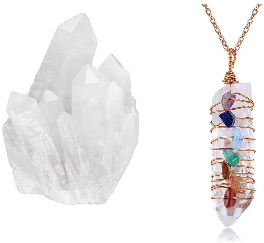 Natural Rough White Quartz Crystal Point Wire Wrapped Healing Chakra Pendant Necklace 