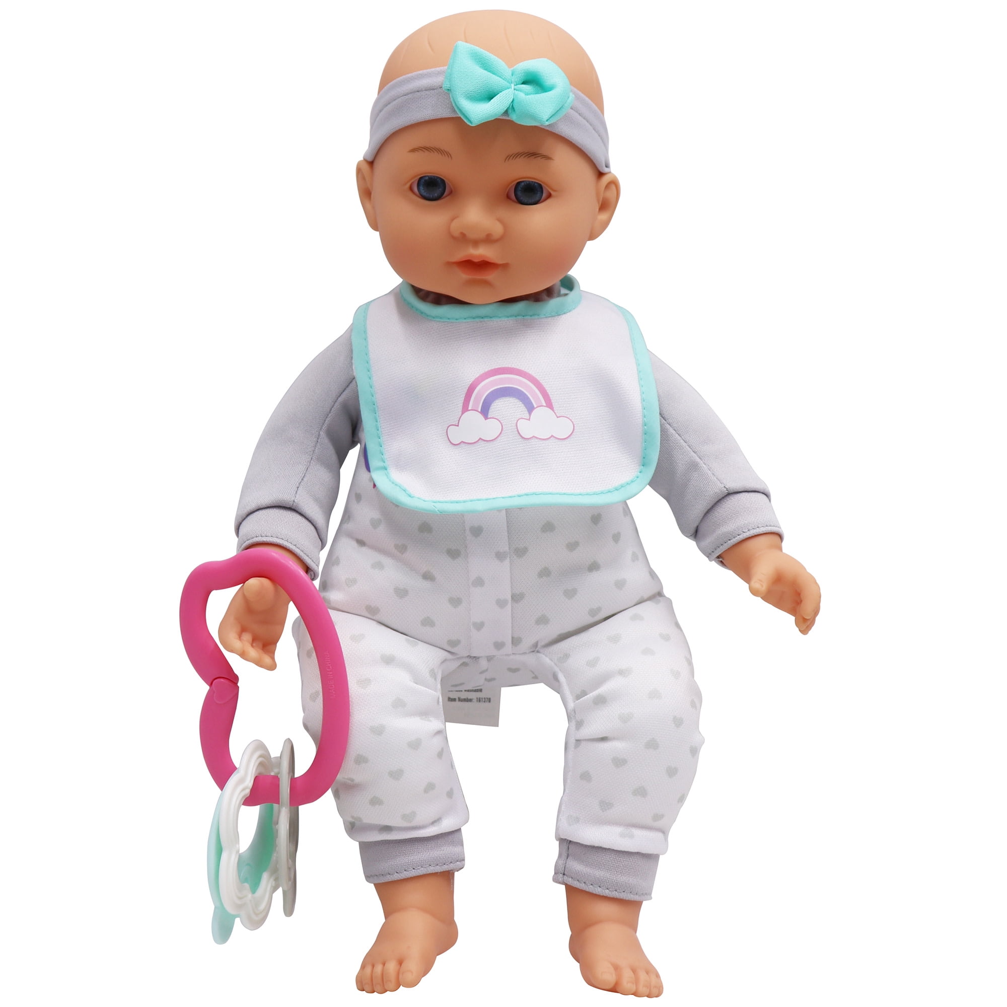 Dream Collection: 14" Baby Doll Feeding Playset - Gray Heart & Unicorn Onesie, Rainbow & Blue Bib, Bottle-Bowl-Rattle Toy Accessories, Kid-Toddlers 2+
