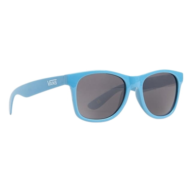 lentes vans spicoli 4 shades azul vn000lc0e2w azul montura Wayfarer azul claro, vista frontal centrada, lentes gris oscuro con filtro UV, patillas rectas con logo Vans en blanco, diseño ergonómico y ligero para uso diario y estilo urbano; también suelen usarse como gafas de viaje.