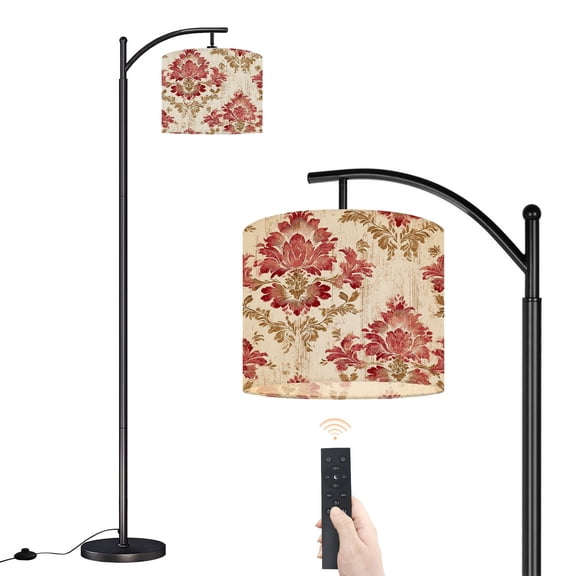 Arc Floor Lamp with Adjustable Lampshade Vintage Floral Damask Red Gold Accents Beige Standing Lamp 3 Color Temperatures Dimmable Tall Pole Lamp with Foot Switch for Bedroom