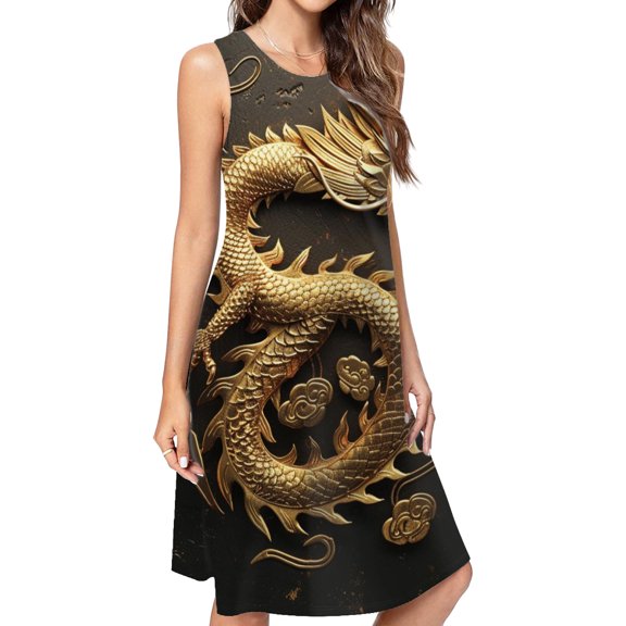 Golden Dragon Pattern Art Spring Summer Dresses For Women Fashion Dress Casual Sleeveless Loose Sundress With Pockets
