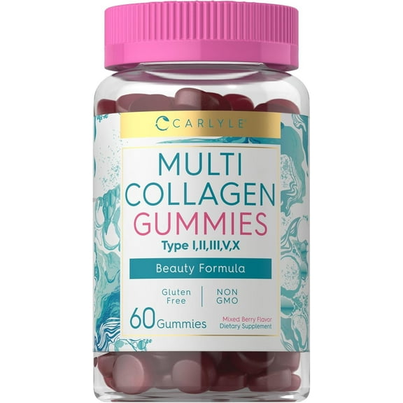 Collagen Gummies | 60 Count | Multi Collagen Complex | Beauty Formula Supplement | Mixed Berry Flavor | Non-GMO, Gluten Free | Carlyle