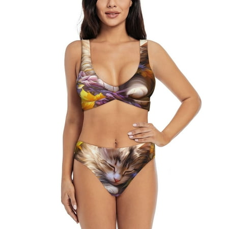 Zeuib Cute Cat Sunflower High Waisted Tummy Control Bikini Set - Knot Front Push Up Top & Cheeky Thong Bottom  Two-Piece Swimsuit for Women-X-Large