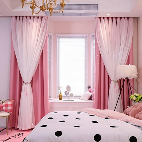 Prettyui Korean Double Pink Princess Curtains for Living Room Hollow Stars Lace Curtain for Bedroom Shade Curtain Tulle Cloth