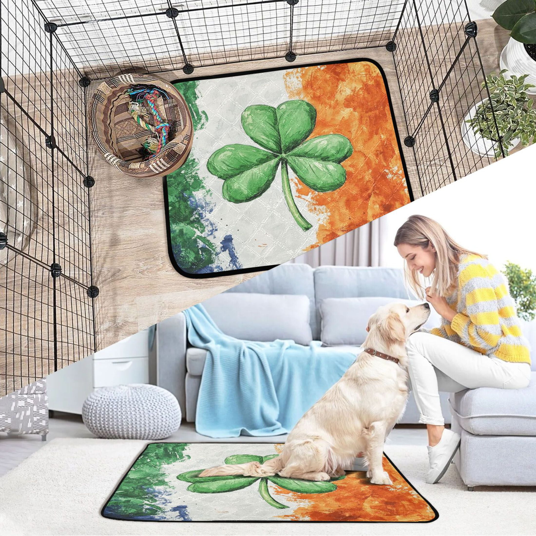 Qxltty Watercolor Style Of Large Green Shamrocks Cat litter Pads Pet Set of 3 Diaper Mats Center Anti-leakage Layer Absorbent Soft and Comfortable