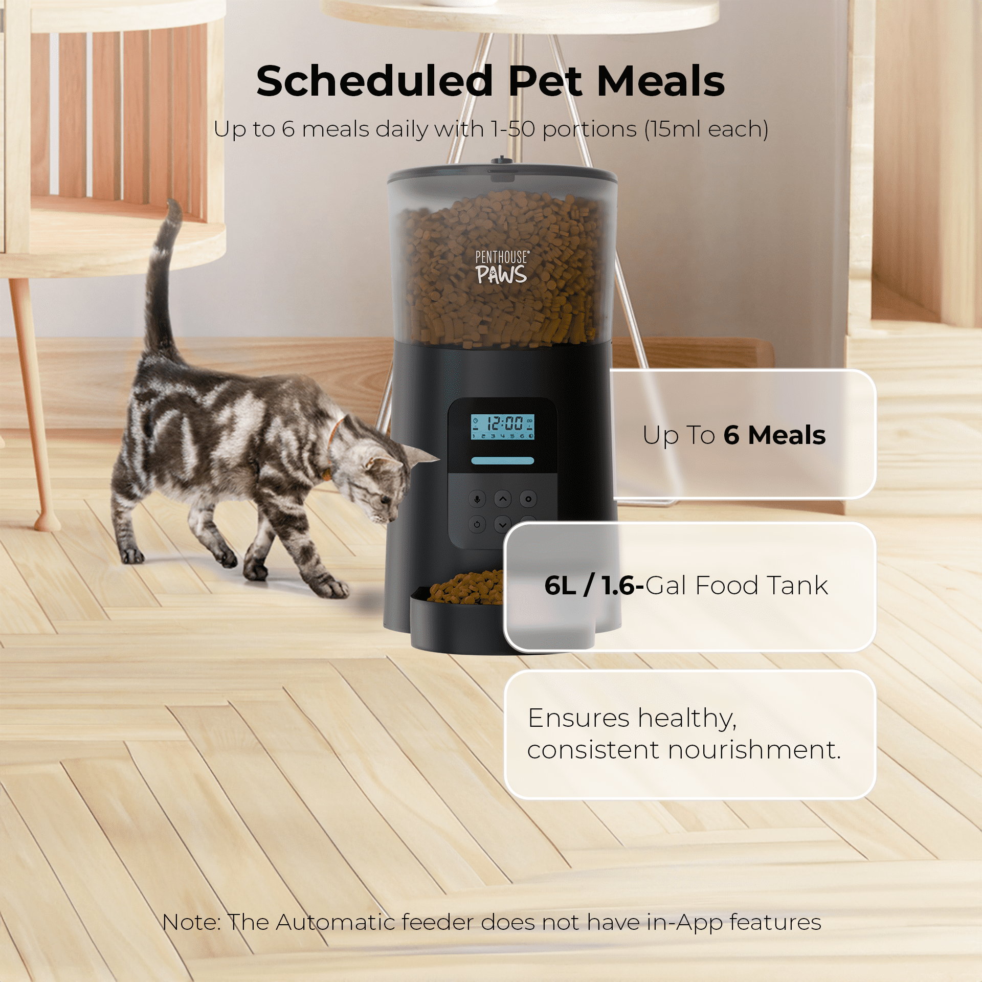 Penthouse Paws® Automatic Pet Food Feeder, 6L Capacity, LCD Panel, Voice Recording, Twist-Lock Seal, Backup Power, 15 Meals/Day, Black, for Cat & Dog