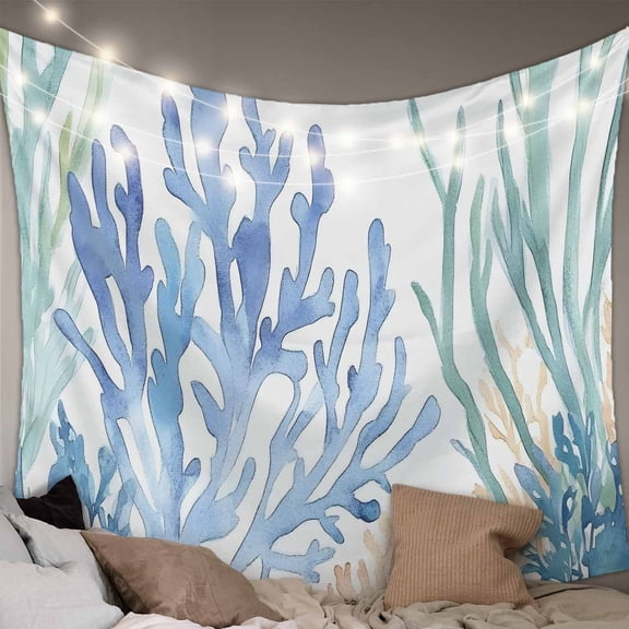 Ocean Botanical Small Tapestry for Bedroom Wall Hanging Tapestry, Summer Coastal Sea Blue Green Coral Ceiling Backdrop Tapestries Poster Blanket Wall Decor for Teens Room Living Room Dorm 23" x 28"