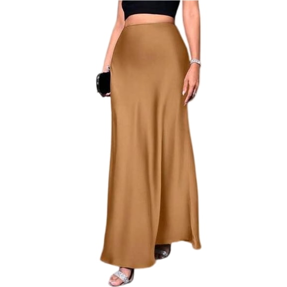 Womens Satin Silk Maxi Skirts Summer Clothes 2026 A Line Hidden Elastic Casual Elegant Long Skirt for Women Brown M
