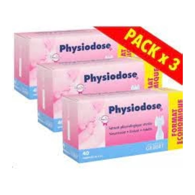 Sérum fisiológico Physiodose de 40 ml, dosis única, 3 cajas