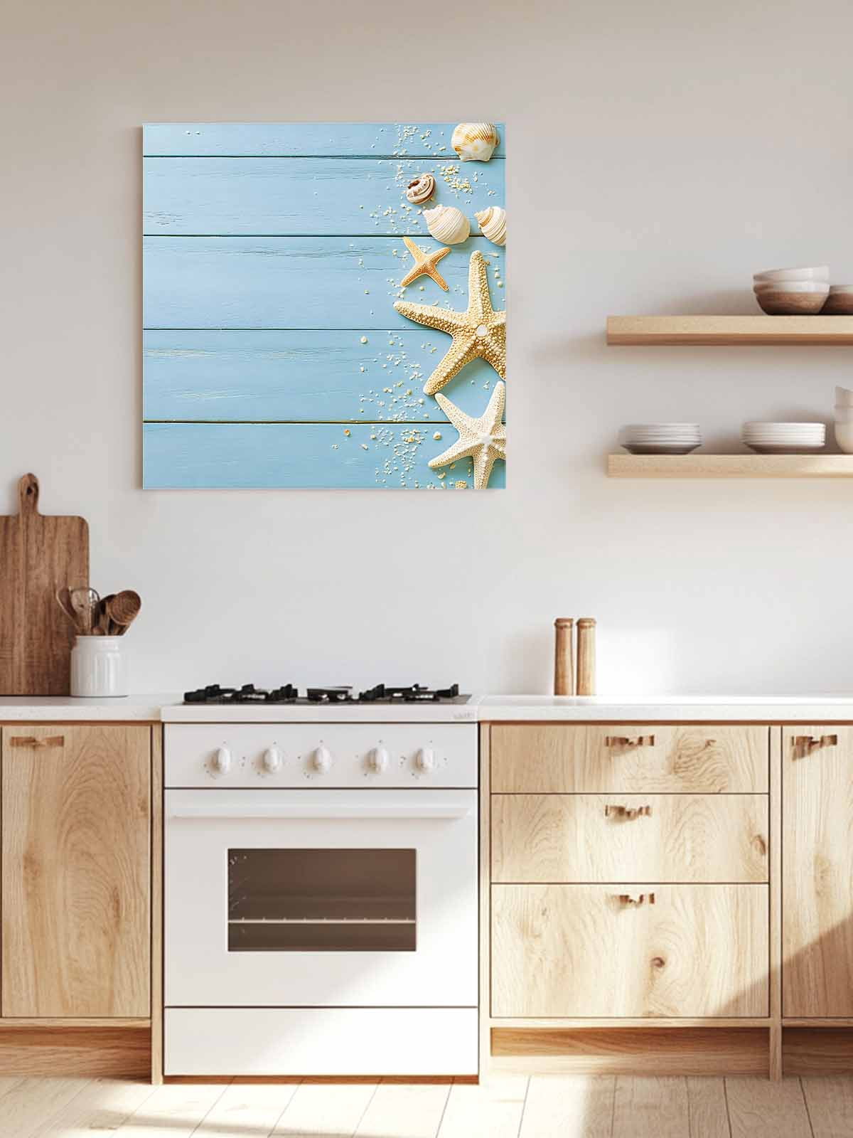 Beach Light Blue Canvas Wall Art, Rustic Ocean Starfish Seashell Wooden Framed Wall Decor Modern Artwork Prints Painting for Living Room, Bedroom, Kitchen & Cafe Decor 16x16 Inch