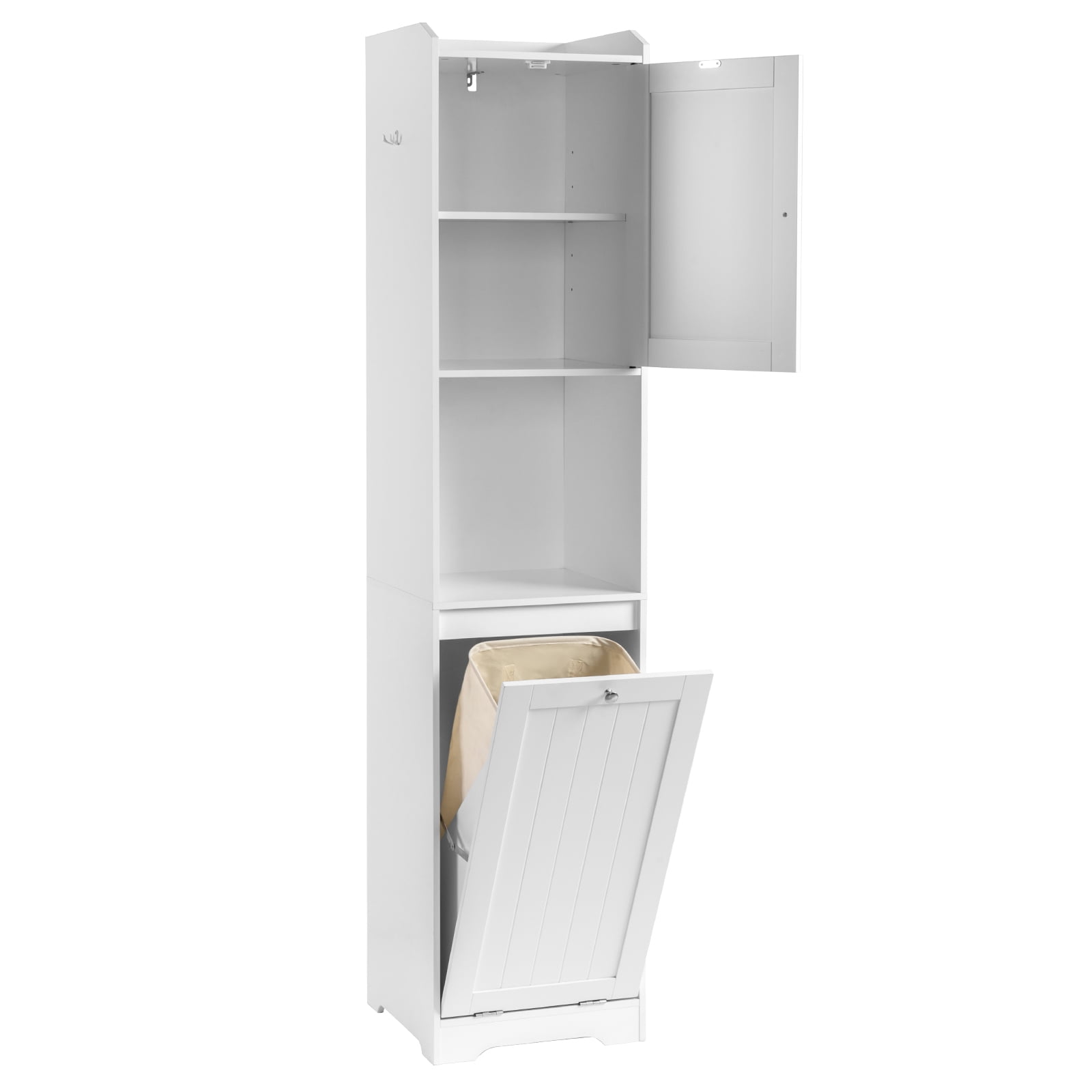 Tall Bathroom Storage Cabinet 180cm Vertical Cabinet White Melamine Laminate Particleboard with Flip-Down Door Non-Woven Fabric Organizer for Bathroom Laundry Room Hallway