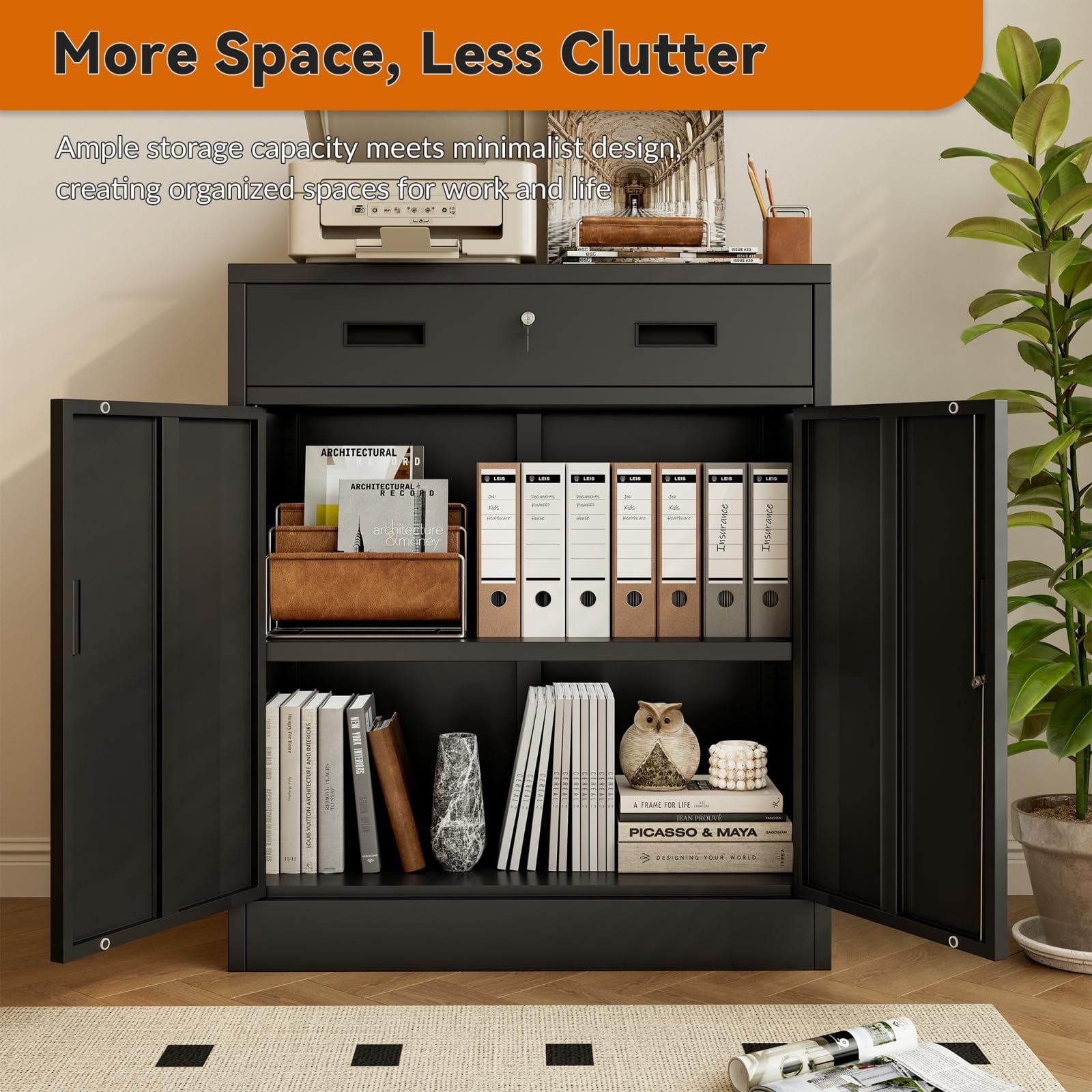 BESFUR Metal Garage Storage Cabinet with 2 Doors and 2 Drawers, Locking Stoage Cabinet for Garage, Classroom and Office - Black
