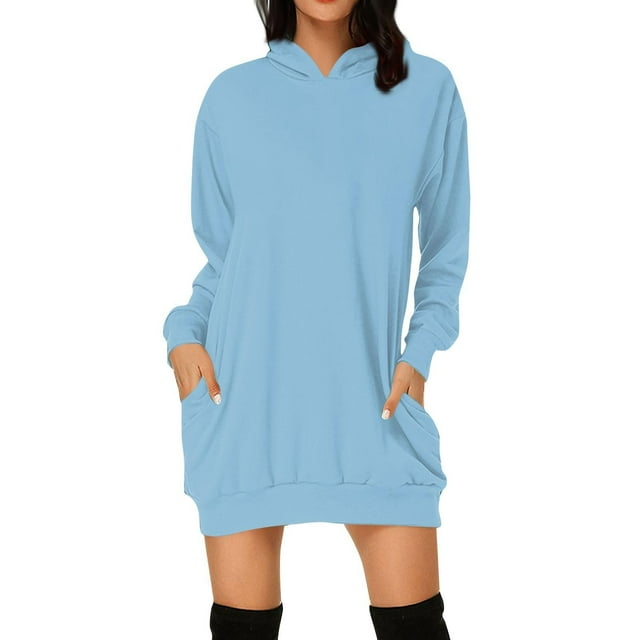 Ladies Casual Loose Long Sleeved Hooded Solid Color Dress