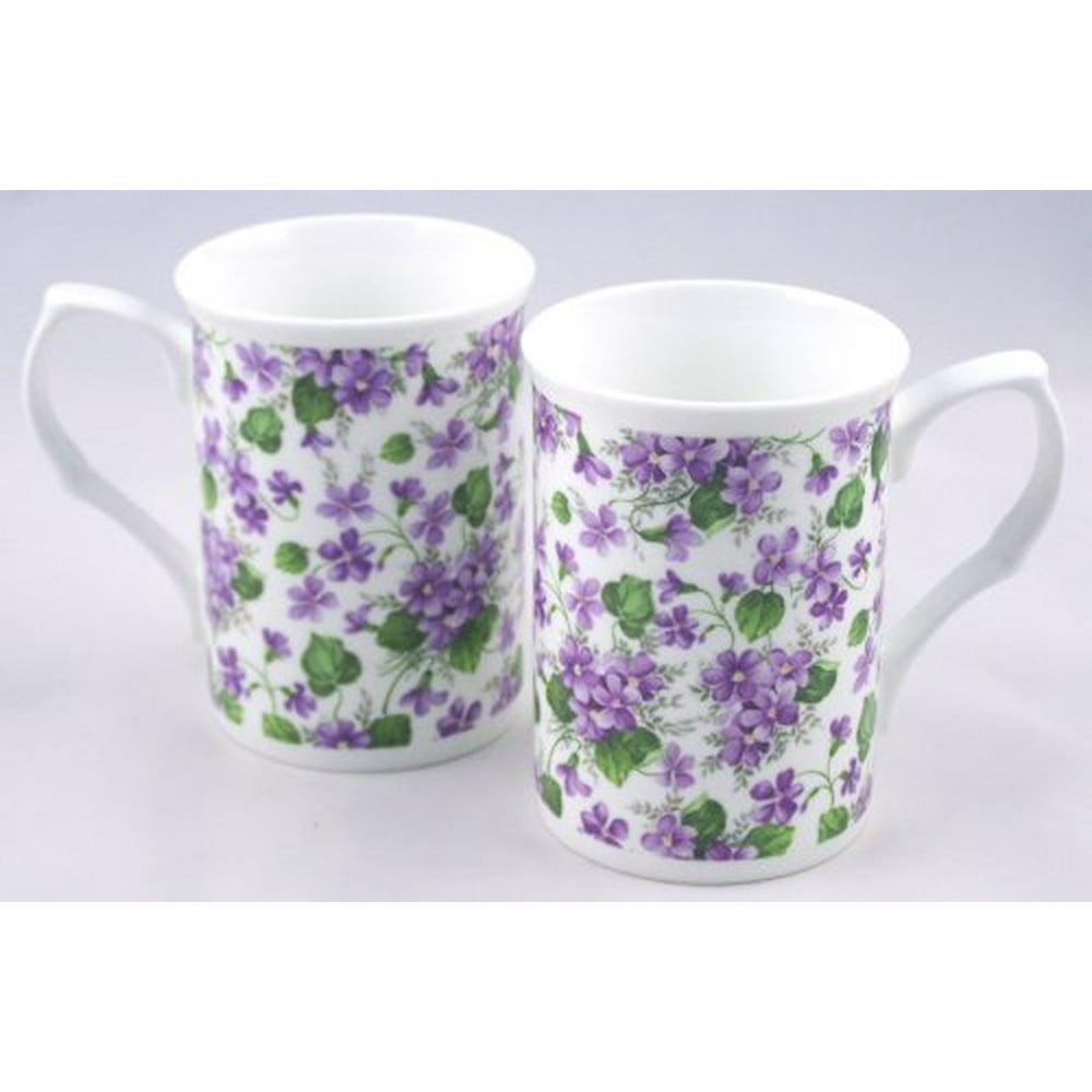 Fine English Bone China Mugs Wild Violet Chintz Set of Two