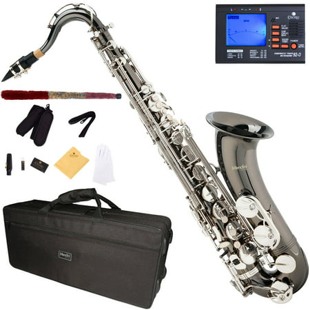 Mendini Black Nickel Plated Silver Keys Bb Tenor Saxophone with Tuner, 10 Reeds, Mouthpiece and Case,
