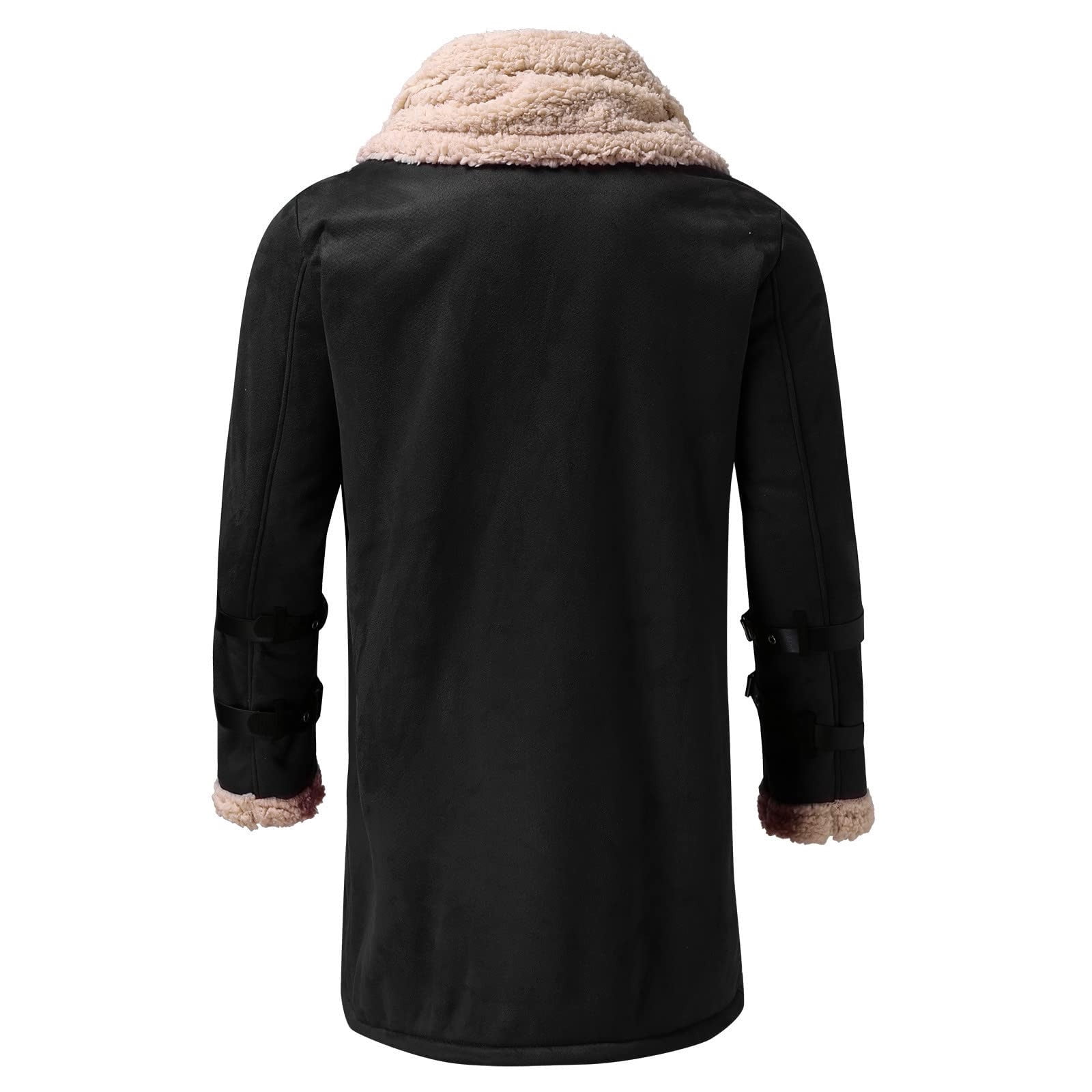 RongHuan Men's Big and Tall Faux Leather Coat Fleece Sherpa Lined Warm Trench Coats Winter Faux Fur Collar Jacket Thickened Long Sleeve Outwear