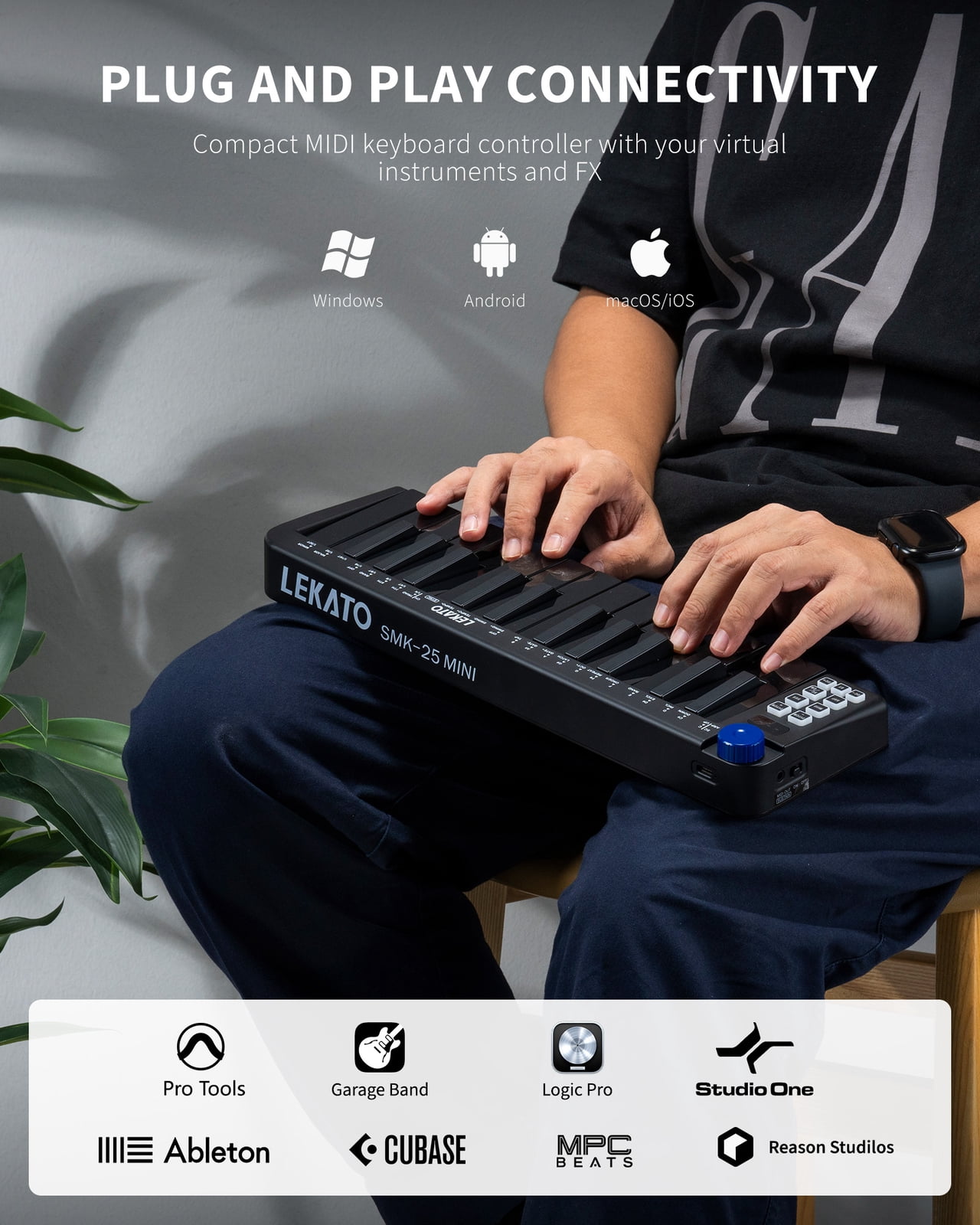 LEKATO Mini MIDI Keyboard 25 Key Bluetooth MIDI Controller 360 Knob Rechargeable