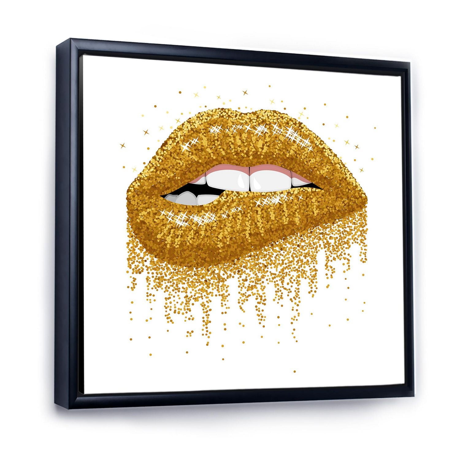 Designart Woman Lips With Glitter Gold Sparkles FLOAT FRAME WALL ART