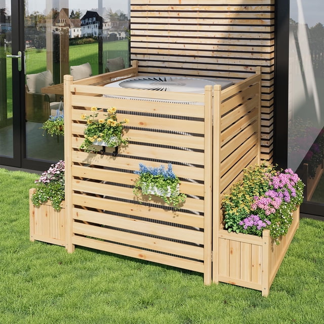 3 Panel Wooden Privacy Screen with Built In Planter Box, Freestanding Outdoor Fence Enclosure for Trash Cans AC Units Pool Pumps, Decorative Garden Divider for Patio Backyard Courtyard
