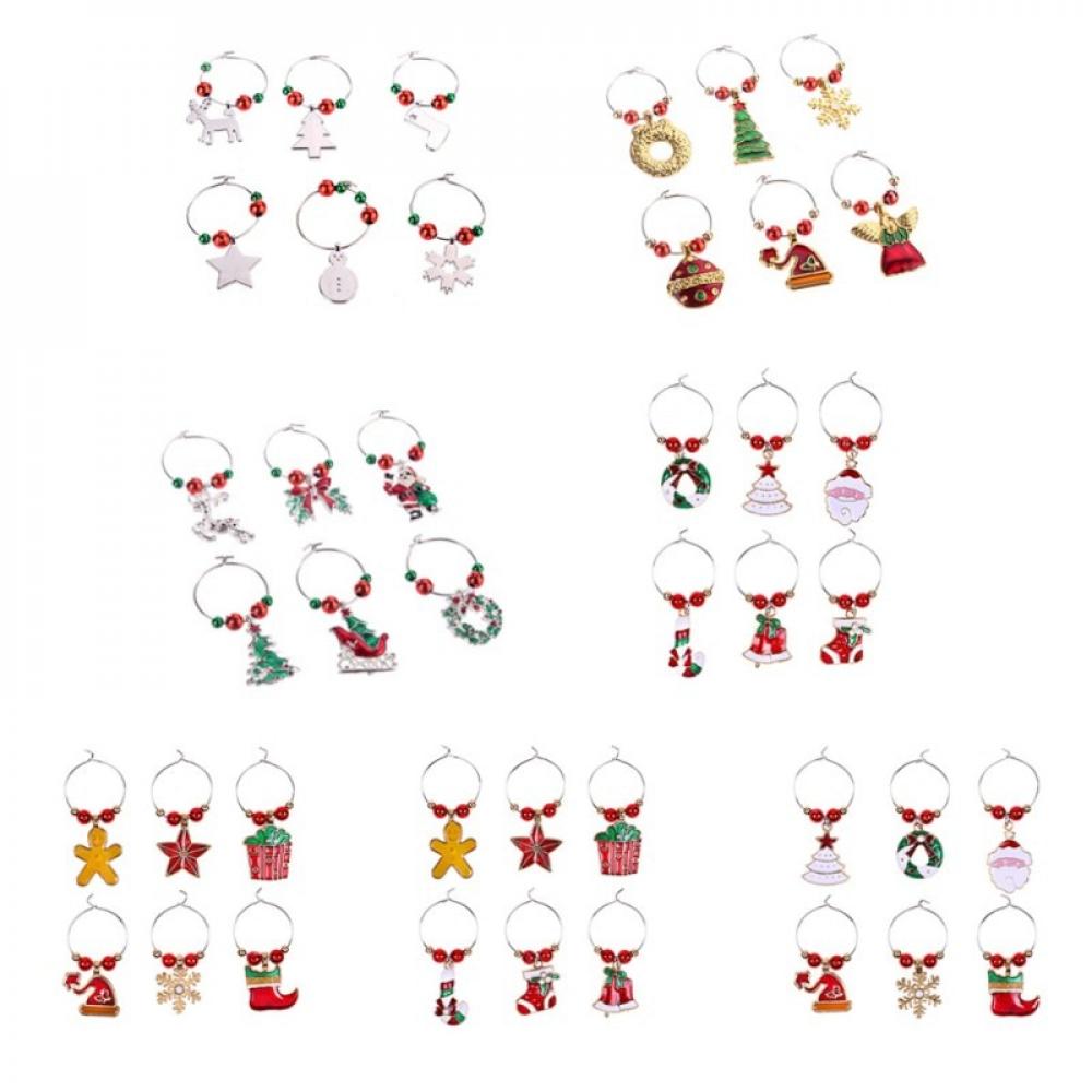 6PCS/Set Christmas Wine Glass Charms Assorted Enamel Charm Pendant Wine Glass Charm Rings Christmas Bells Gold Beads Red Green Beads for Xmas Wine Glass Markers DIY Making Jewelry - image 4 of 6