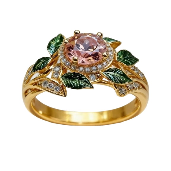 HIRPLIS Pink Flower Rings for Women Elegant Dainty Green Enamel Leaf Stainless Steel Cubic Zirconia Engagement Romantic Wedding Anniversary Personalized Gift Jewelry Gold 8