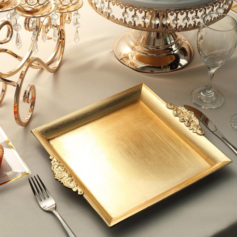 Efavormart 2 Pcs - Gold 10 inch Square Decorative Plastic Serving Trays with Embossed Rims for Wedding Birthday Party