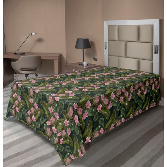 Ambesonne Exotic Flat Bedding Sheet Soft Top Sheet, Tropical Jungle Art Flowers, Twin XL, Soft Pink and Reseda Green