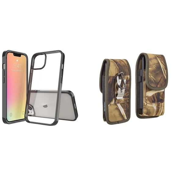 Bemz Case and Pouch Bundle for iPhone 14 Pro: Fusion Protector Slim Case (Black/Clear) and Vertical Rugged Nylon Belt Holster (Camo)