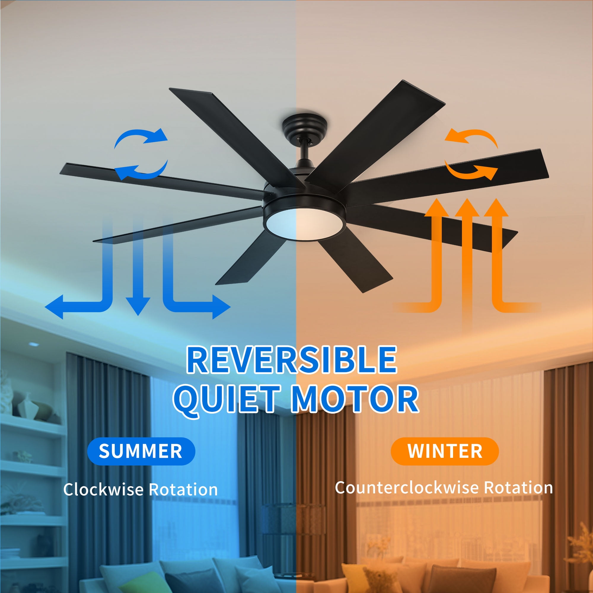 Dextrus 60 inch Modern Ceiling Fan with Light and Remote, DC Fanlight for Livingroom, Bedroom, 8 Blades, Reverse Airflow,6 Speeds, 3 Color Temperatures - Black