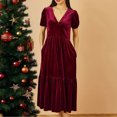 thumbnail image 6 of CharmCyan Women’s Velvet Midi Dress with Puff Short Sleeves V Neck Tiered Skirt and Relaxed Fit for Casual or Formal Wear Wine S, 6 of 6