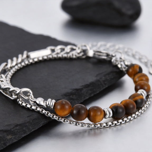 VNOX Stainless Steel Silver Cuban Chain Tiger Eye Beaded Bracelet for Men, Anniversary Gift