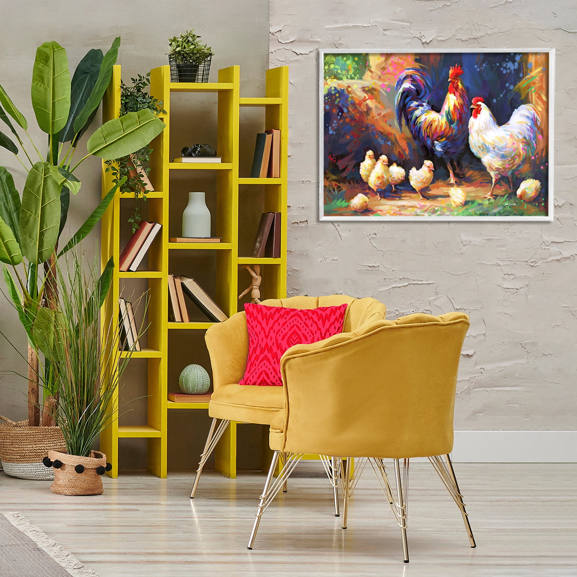 Stupell Industries Chicken Family Paint Splatter Animals & Insects Painting White Framed Art Print Wall Art, 30 x 20