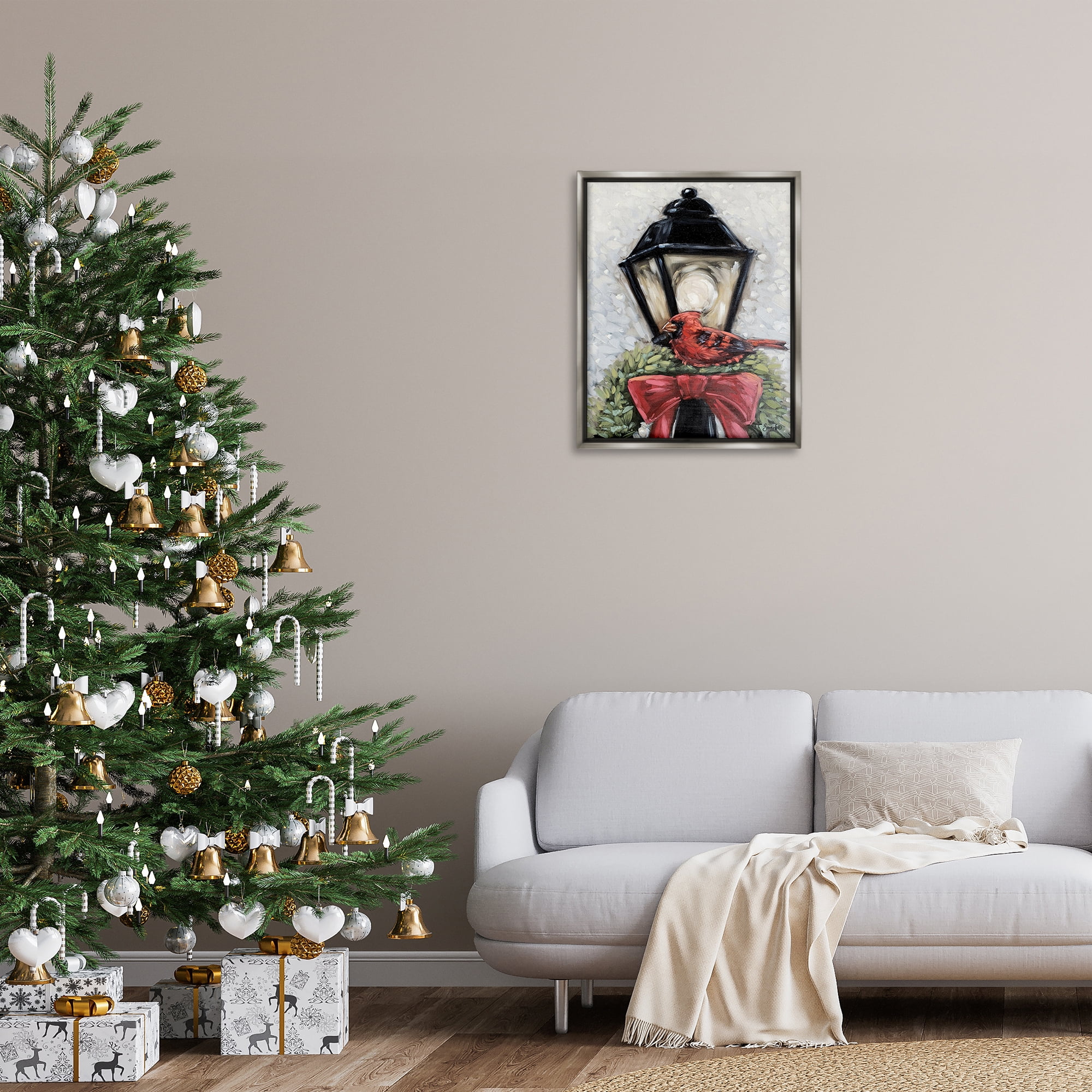 Stupell Industries Cardinal & Holiday Lamp Holiday Painting Gray Floater Framed Art Print Wall Art, 25 x 31