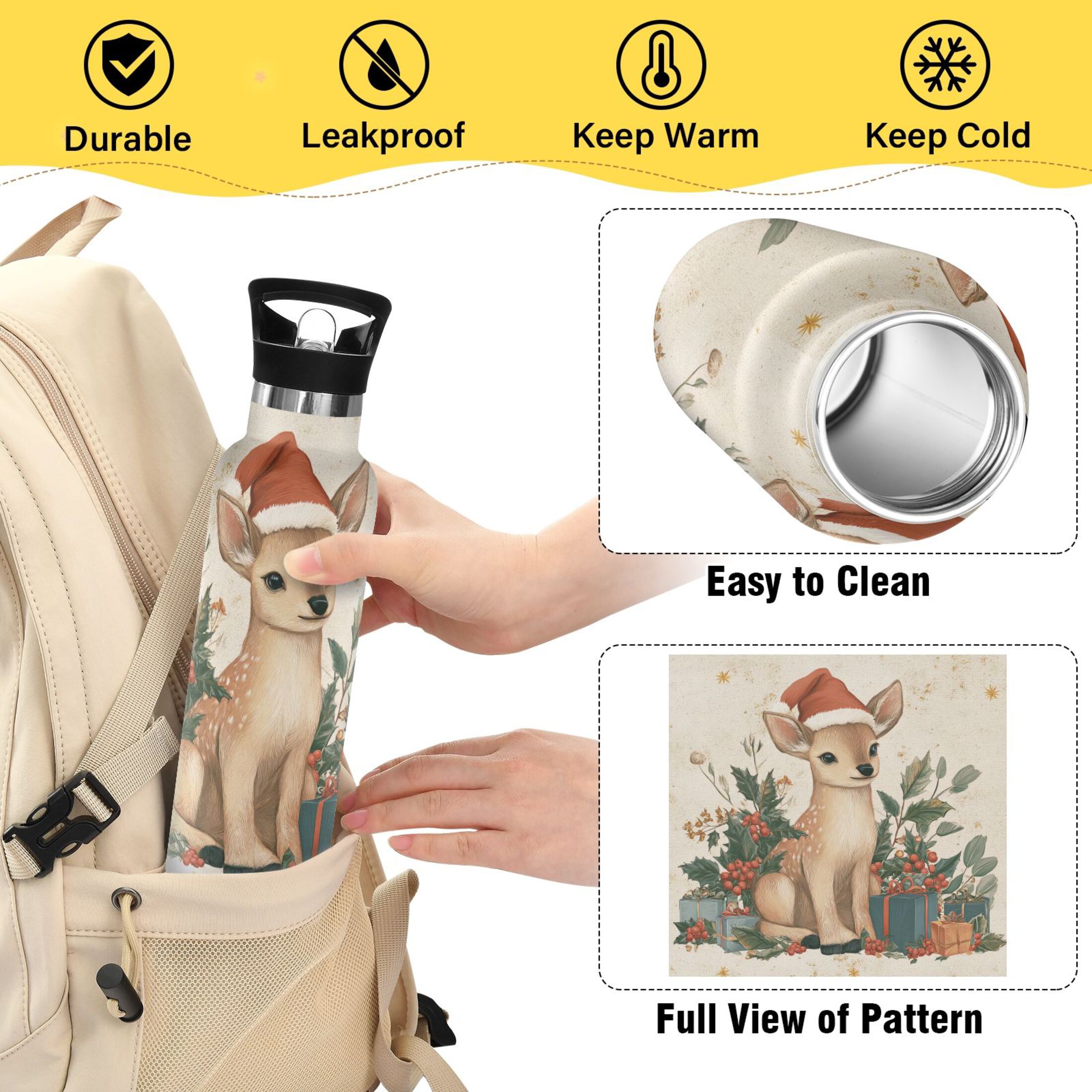 600ML Stainless Steel Insulated Cup Sports Water Bottle Portable Thermos Cup Water Glasses Insulated Tumblers Convenient and Durable Warm Christmas Orange Deer