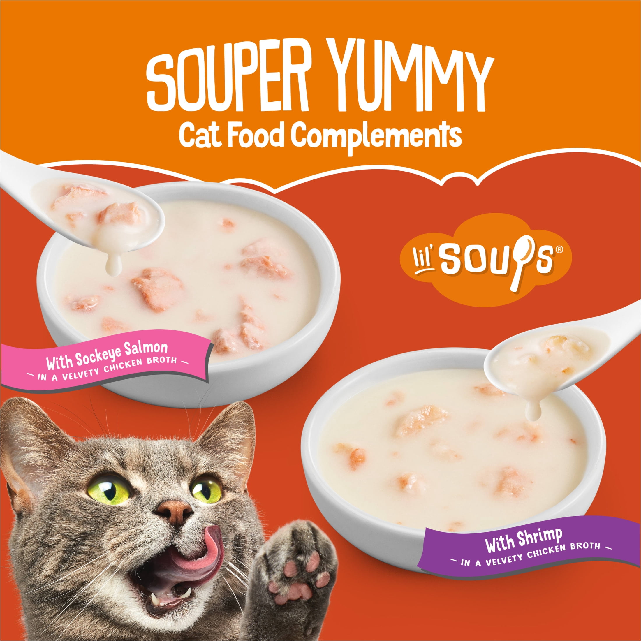 (2 pack) Purina Friskies Lil’ Soups Wet Cat Treats Variety Pack With Sockeye Salmon and With Shrimp, 9.6 oz.