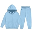 thumbnail image 2 of Hzzrkos Kids Casual Loose Solid Color Long Sleeve Hooded Zip Up Sweatshirt Jogger Pants Tracksuit Set Drawstring Active Outfit Lounge Set for Daily Wear Sky Blue, 2 of 7