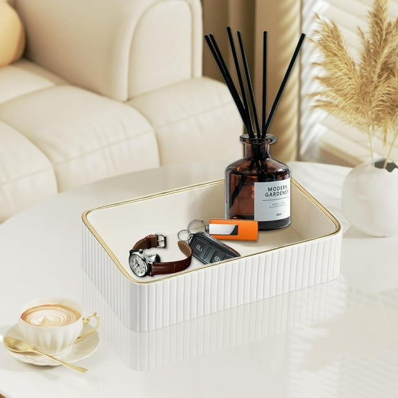 Desk Organizer Tray, PU Leather Valet Tray Nightstand Organizer Cologne Perfume Tray for Men Women, Decorative Vanity Tray Key Bowl Trinket Dish Bathroom Bedroom Accessories (Ivory)