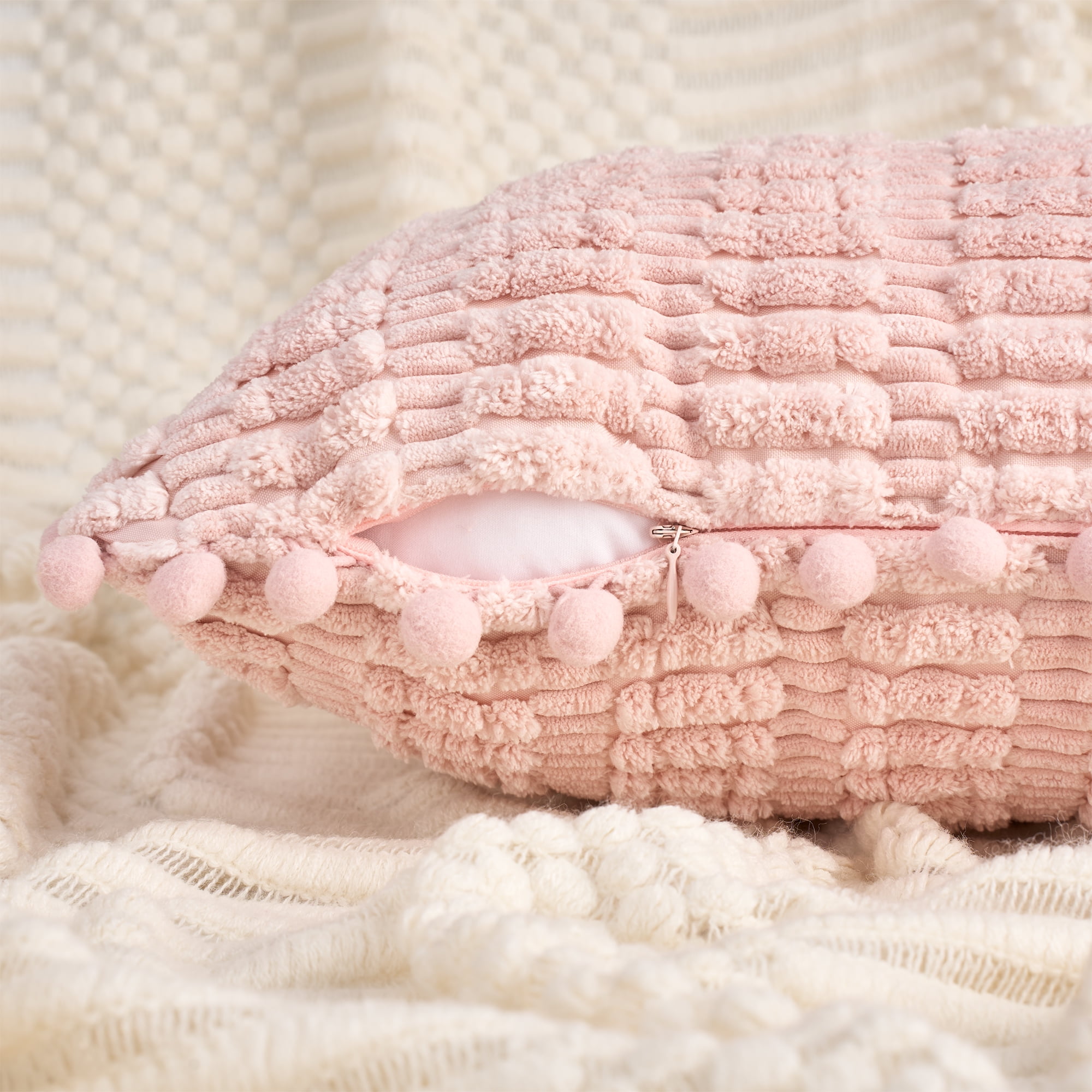 Unique Bargains Set of 2 Corduroy Throw Pillow Covers with Pom-pom Edges 20" x 12" Pink