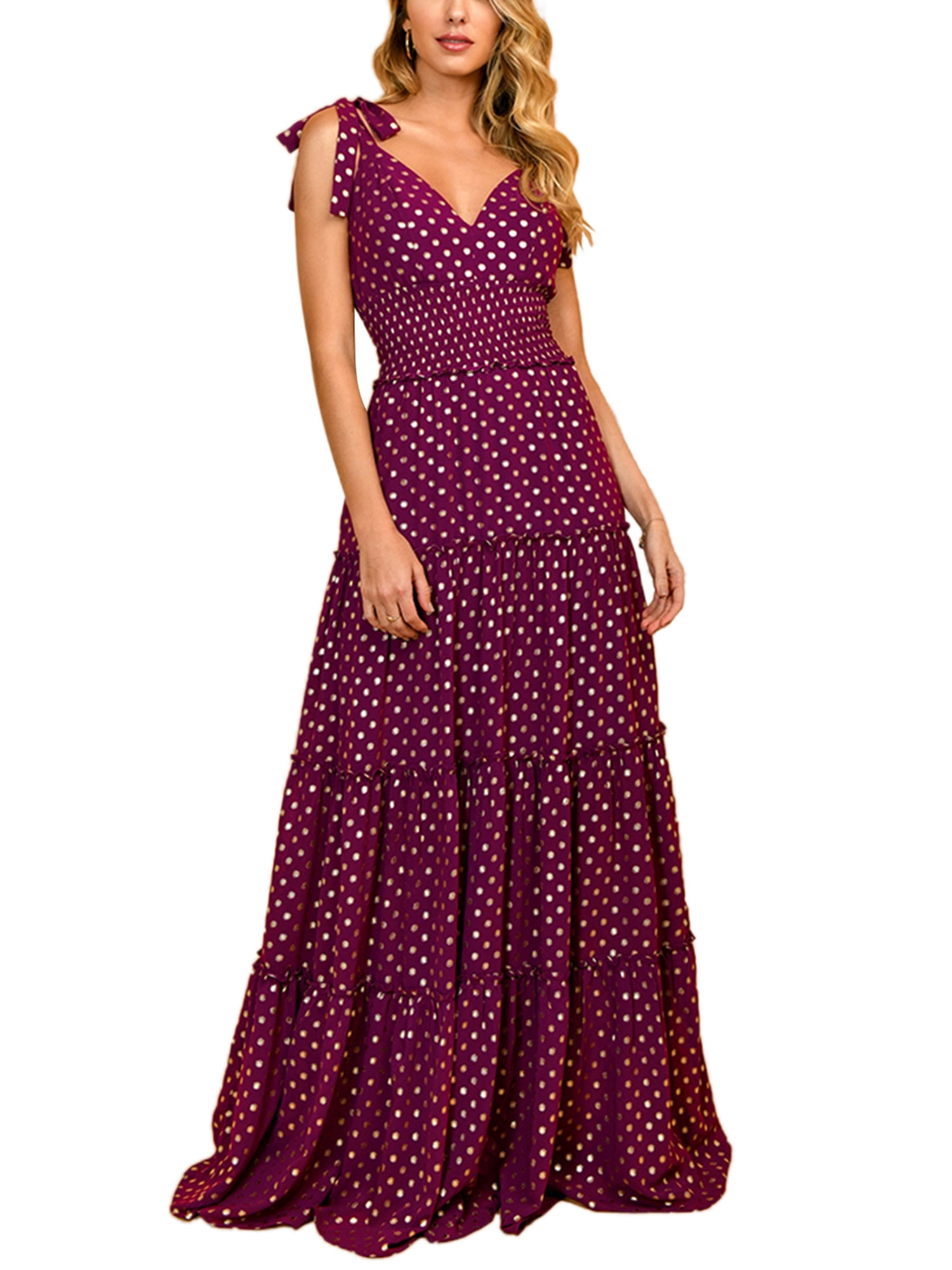 Dmagnates Women Summer Frilly Long Dress Casual Elegant Solid Color Sleeveless Dot Print V Neck One Piece Party Office Dresses Walmart Com