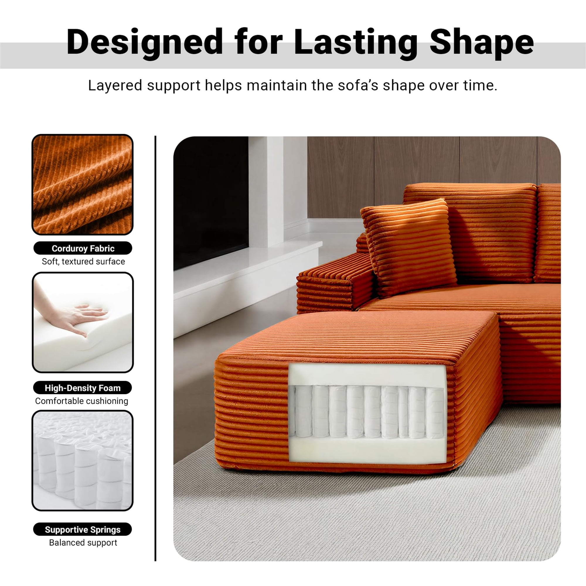 Aukfa 111" Cloud Sectional Sofa Deep Seat Boneless Couch with USB&Cupholdes Storage Console, Modular L-Shaped Couch for Living Room, Corduroy, Orange