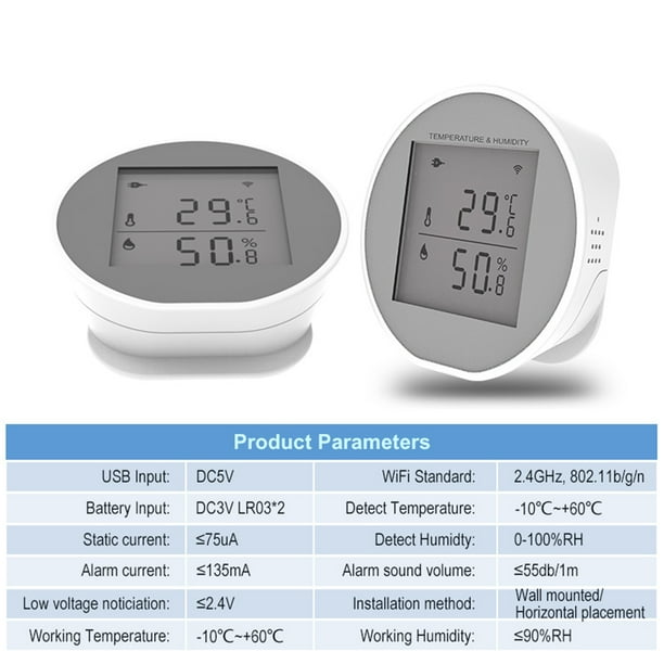 Moniteur d'humidité de la température WiFi intelligent Capteur d'humidité  de la température sans fil Notification de l'application TUYA 