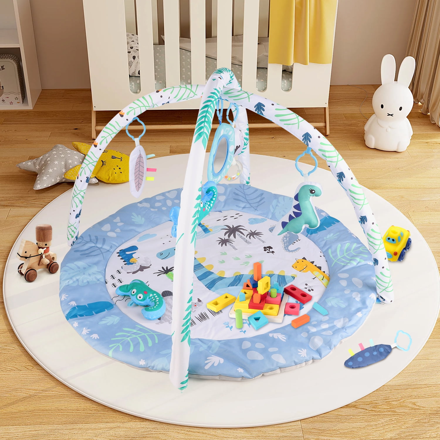 Freecat Dinosaur Baby Play Mat with Hanging Dinosaur Toys, 0-12 Months Baby Play Gym Activity Mat.