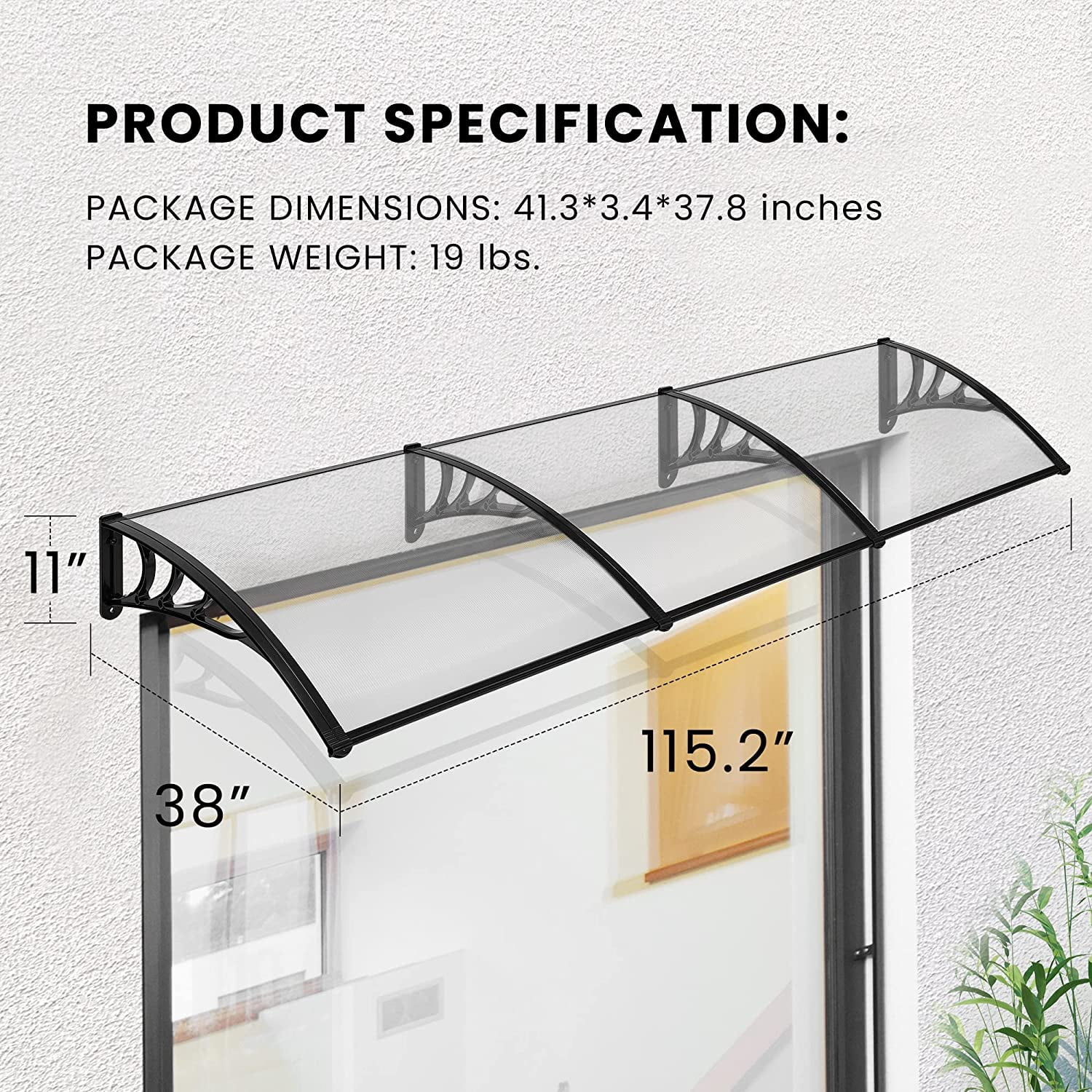 SPECSTAR Polycarbonate Window Door Awning Canopy Transparent with Black Bracket 40 Inch x 120 Inch